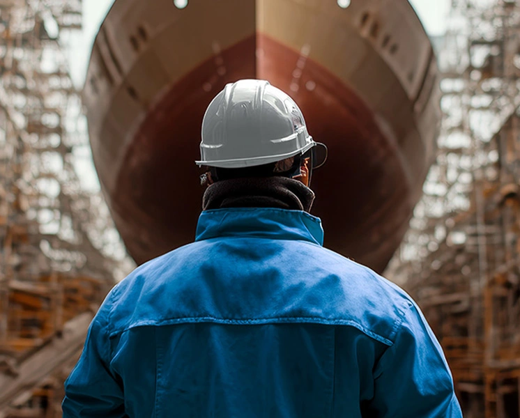 Shipyard worker wearing a safety helmet in front of a large ship hull