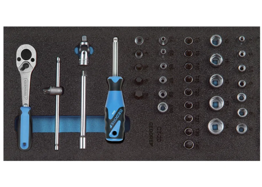 GEDORE 1/4" socket wrench set in 1/3 Check-Tool module, catalogue image