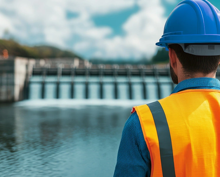 Worker wearing a safety helmet and high-visibility vest in front of a hydroelectric facility
