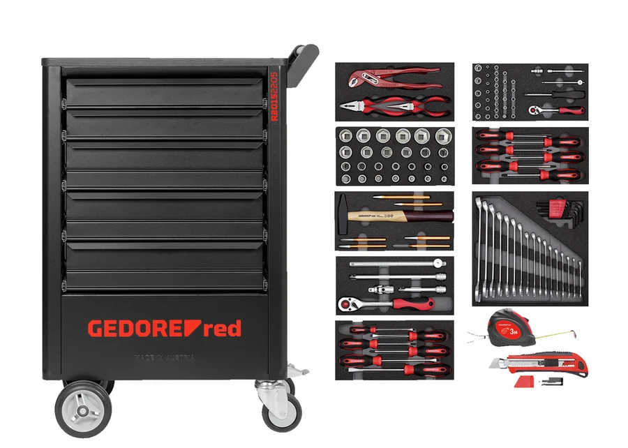 GEDOREred 119-piece tool set in GEDWorker workshop trolley, catalog image